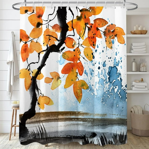 Watercolor Ink Tree Leaves Branch Shower Curtain Sets,Orange and Blue Abstract Landscape Bathroom Curtains,Modern Minimalist White Bath Curtain,Waterproof Fabric with 12 Hooks 72x72 Inches