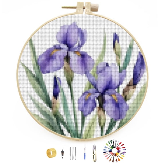 Watercolor Iris Flowers Easy Stamped Cross Stitch Kits for Beginners with Hoop Simple Patterns 11CT Counted Embroidery Needlepoint Crafts Arts for DIY Enthusiasts and Home Decor 30x30cm(1)