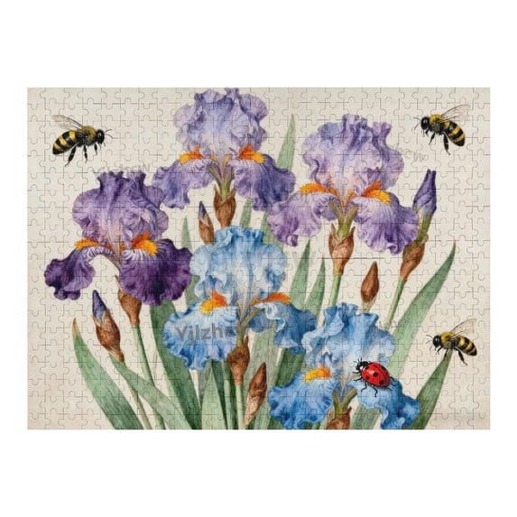 Watercolor Iris Flowers and Insects Wooden Jigsaw Puzzle 1000 Pieces for Adults and Teens, Garden Floral Indoor Puzzle, Relaxing Hobby Brain Teaser, Tabletop Home Decor Entertainment