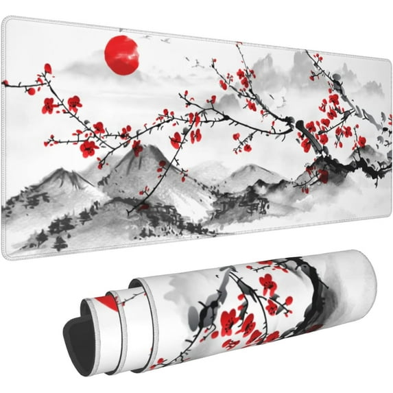 Watercolor Japanese Cherry Blossom Mouse Pad 31.5 X 11.8 Inch XL Red Floral Design Extended Gaming Mousepad Large Non-Slip Rubber Base Keyboard Desk Mat with Stitched Edges for Gaming and Office