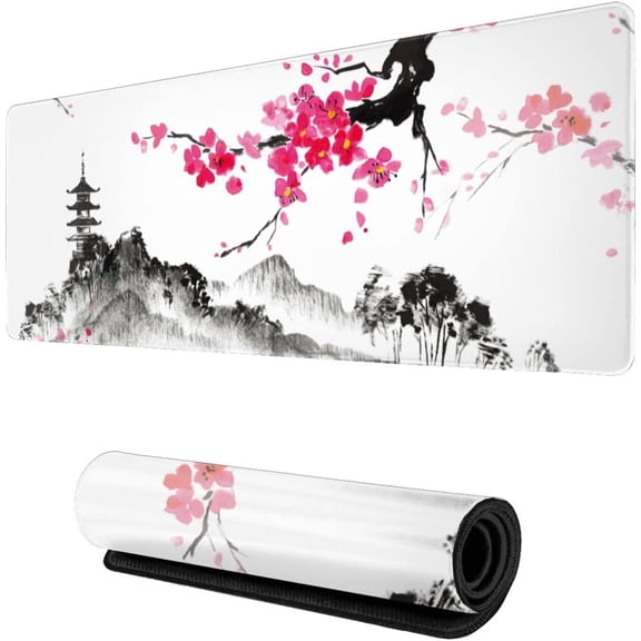Watercolor Japanese Sumi E SaKura Hills Cherry Blossom Gaming Mouse Pad XL, Extended Stitched Edges Mousepad,Large Mouse Mat DesK Pad, Long Non Slip Rubber Base Mice Pad (31.5x11.8 Inch)