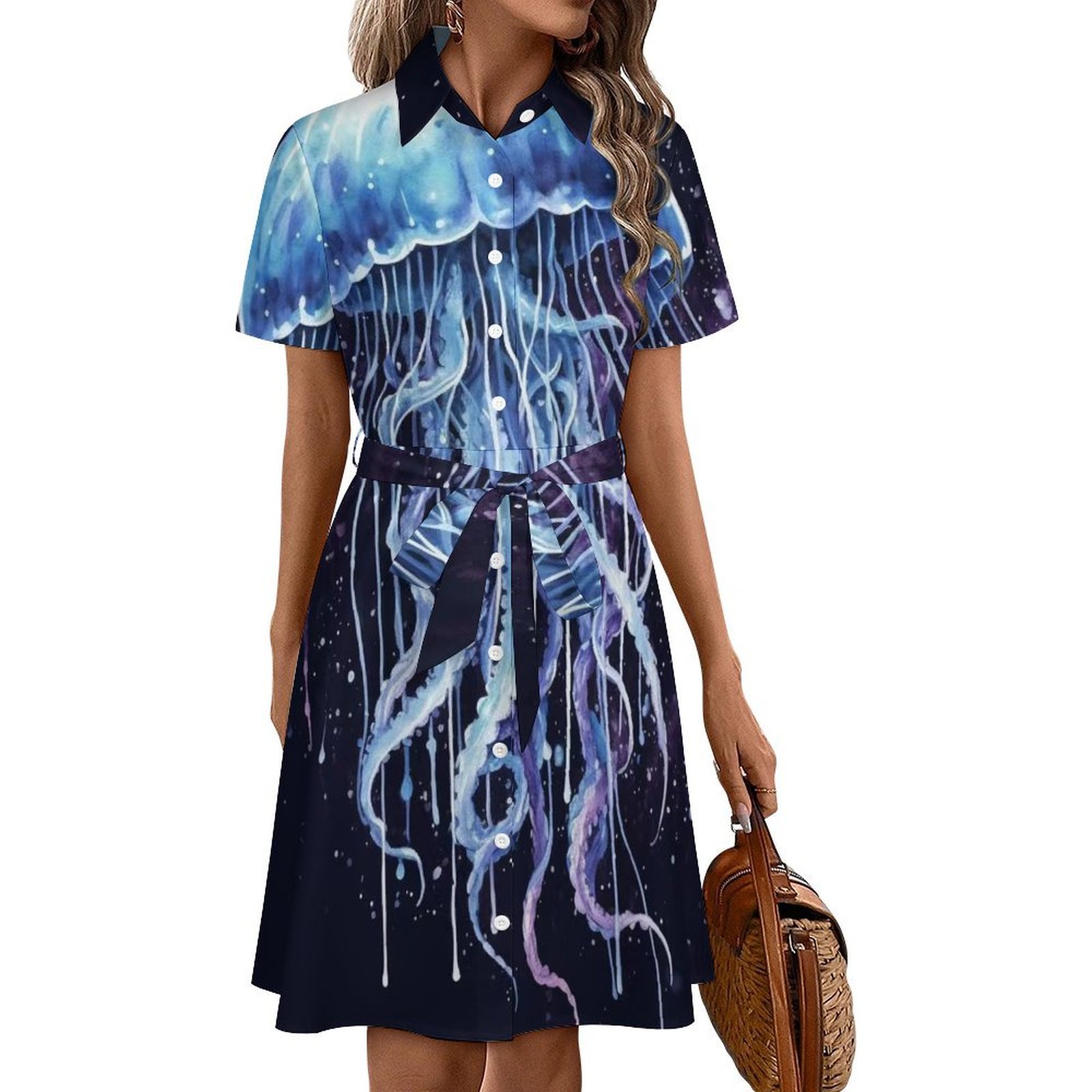 Watercolor Jellyfish Black Background Womens Shirt Dresses Women'S Short  Sleeve Dress Turn-Down Collar Dress A Line Casuall Dress Oversize(XS-6XL) -  Walmart.com