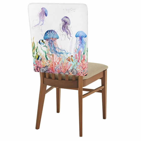 Watercolor Jellyfish Chair Covers Set of 6 Summer Ocean Seaweed Coral Coastal Chair Back Covers Stretch Removable Washable Slipcovers Protector for Dining Room Kitchen Party Decor