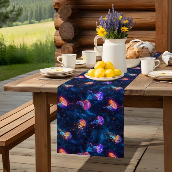 Watercolor Jellyfish Deep Sea Table Runner 13x36in Non-Slip Cotton Linen Table Runners, Dream Starry Sky Dresser Scarves TableRunner for Dinner Kitchen Dining Wedding Party