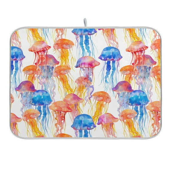Watercolor Jellyfish Dish Drying Mat 16x18 Absorbent Microfiber Draining Rack Pad for Kitchen Counter Sink