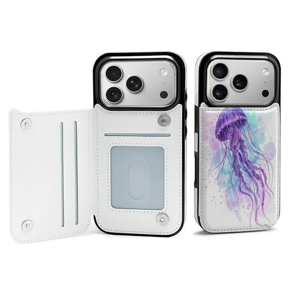 Watercolor Jellyfish Leather Wallet Case for iPhone 14 Wallet Case Card Holder Flip