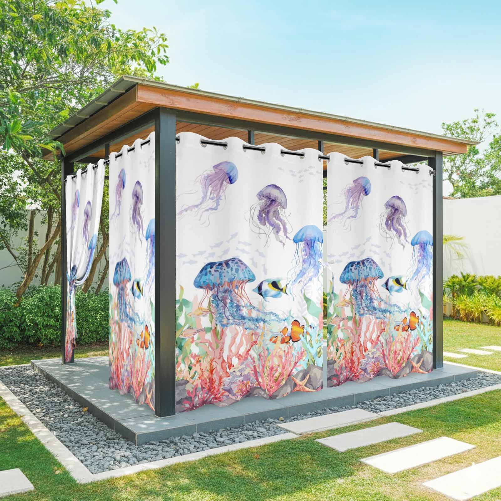 Watercolor Jellyfish Outdoor Curtains for Patio, Summer Ocean Seaweed Coral Coastal Sunshade Privacy Drapes Grommet Waterproof Outside Curtains for Porch/Cabana/Balcony 54"x 108", 1 Panel