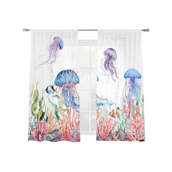 Watercolor Jellyfish Sheer Curtains 2 Panels Set Summer Ocean Seaweed Coral Coastal Sheer Window Curtains Light Filtering Rod Pocket Voile Drapes for Bedroom Living Room 52"x63"