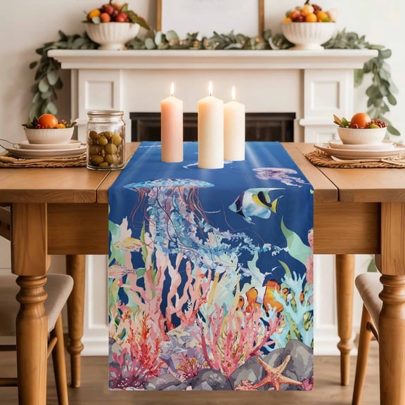 Watercolor Jellyfish Table Runner, Summer Ocean Seaweed Coral Coastal Fantasy Cotton Linen Kitchen Table Decoration Washable Dining Tabletop Runners for Home Party Decor 13x36 Inches