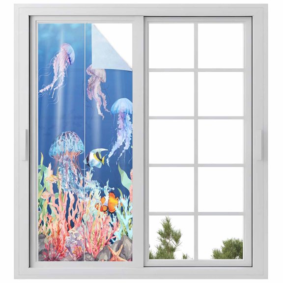 Watercolor Jellyfish Window Privacy Film, Summer Ocean Seaweed Coral Coastal Fantasy Frosted Glass Window Clings Static Cling UV Heat Blocking Reusable Door Sticker for Bathroom 23.6 x 59 Inch
