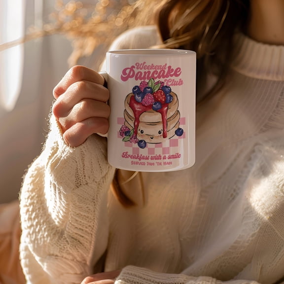 Watercolor Kawaii Pancake Mug, Weekend Pancake Club Slogan, Cute Breakfast Gift