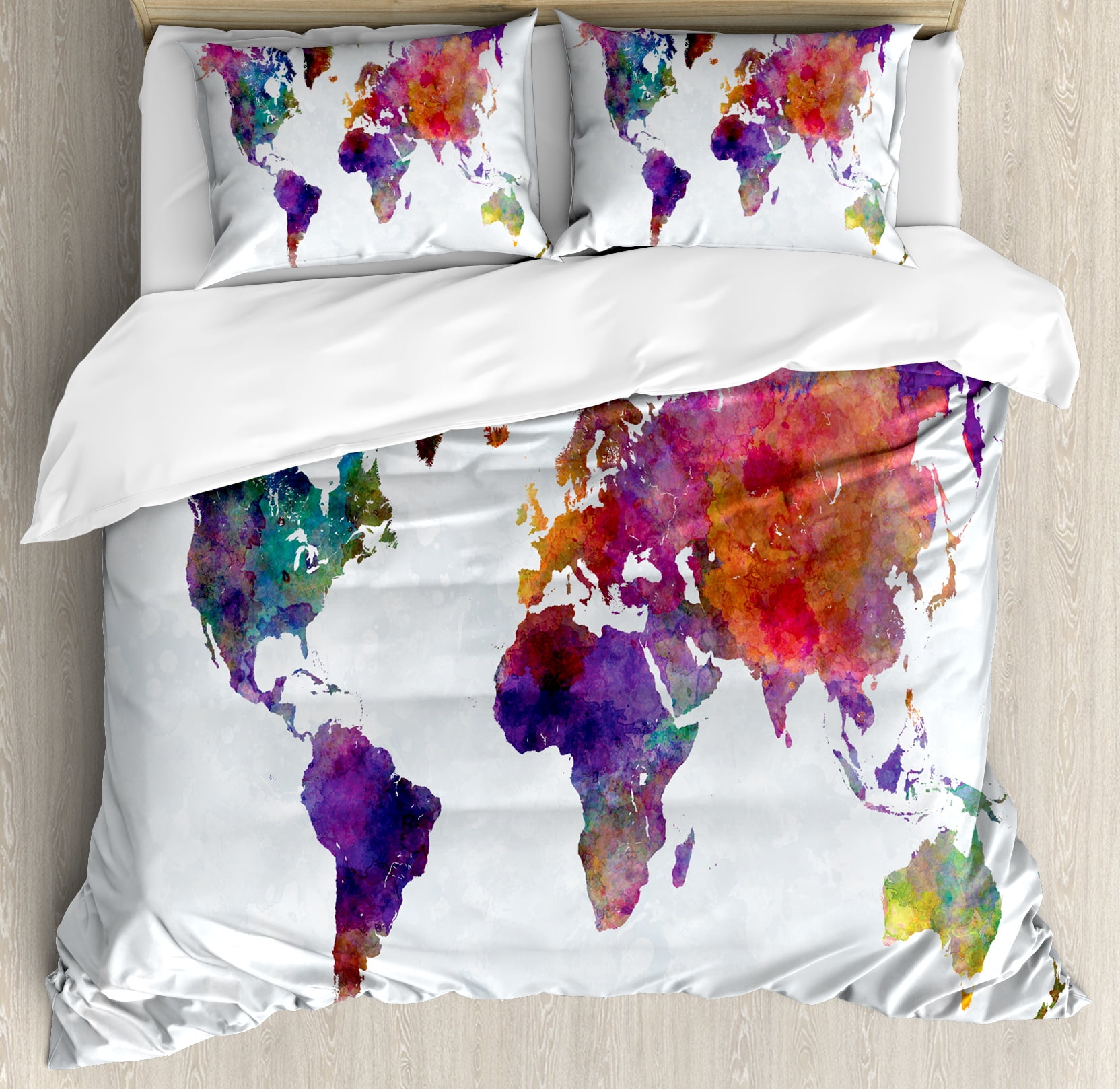 Watercolor King Size Duvet Cover Set, Multicolored Hand Drawn World Map ...