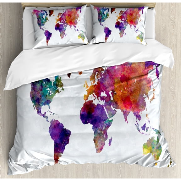 Watercolor King Size Duvet Cover Set, Multicolored Hand Drawn World Map Asia Europe Africa America Geography Print, Decorative 3 Piece Bedding Set with 2 Pillow Shams, Multicolor, by Ambesonne