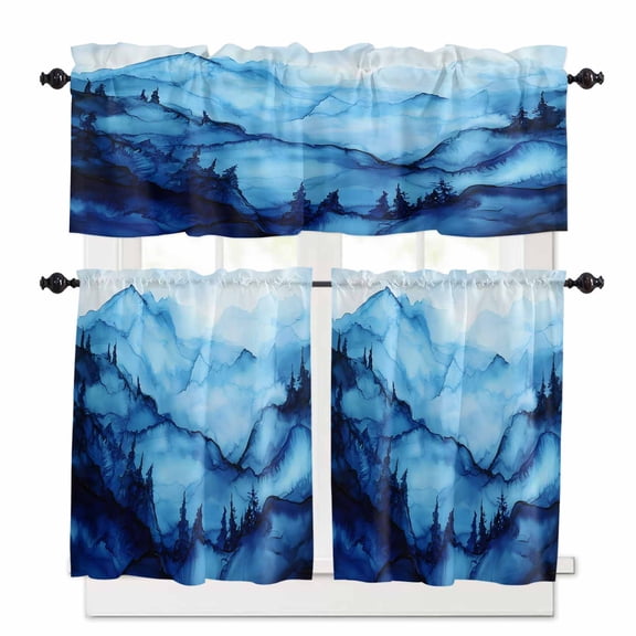 Watercolor Kitchen Curtains Valances and Tiers Set of 3, 24 Inch Length Tier Curtains and Valance Rod Pocket Valance Curtains Set for Kitchen Bathroom Small Windows