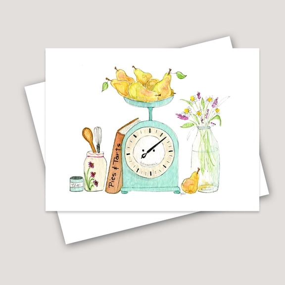 Watercolor Kitchen Greeting Card - Kitchen Scale with Pears, Wildflowers, and Cookbook - Blank Note Card for Bakers, Cooking Enthusiasts, and Friends, Illustrated Stationery