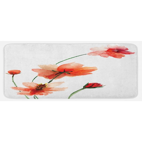 Watercolor Kitchen Mat, Colorful Wildflowers with Vibrant Color Scheme Valentine Inspired Design, Plush Decorative Kitchen Mat with Non Slip Backing, 47" X 19", Scarlet Dark Green, by Ambesonne
