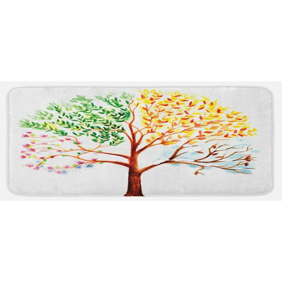Watercolor Kitchen Mat, Tree with Changing Seasons Effect on Its Crown Nature Ecology Foliage Theme, Plush Decorative Kitchen Mat with Non Slip Backing, 47" X 19", Multicolor, by Ambesonne