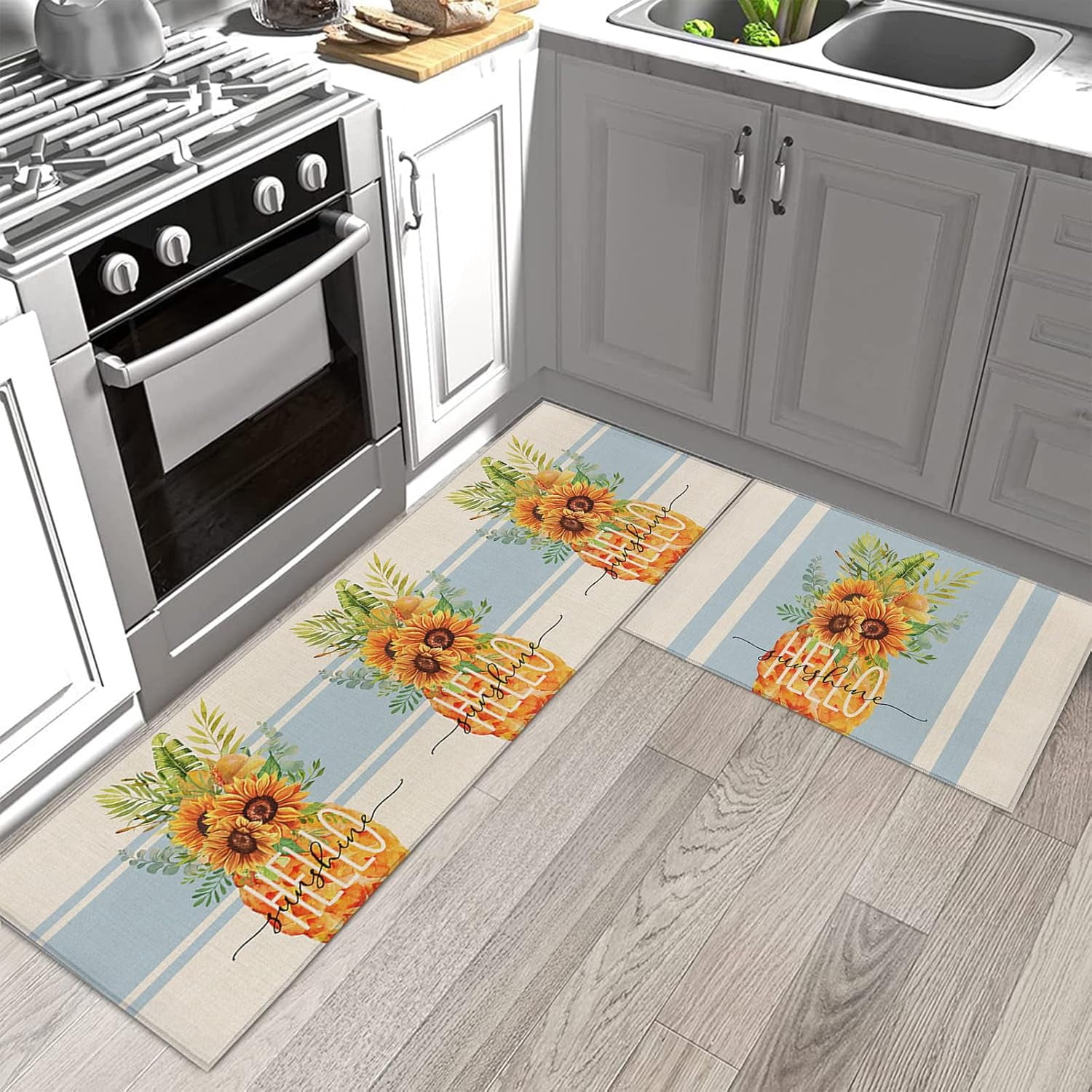 Watercolor Kitchen Rugs and Mats Set of 2, Summer Abstract Sunflowers Non-Slip Floor Doormat Comfort Area Runner Rug and Mat, Farmhouse Vertical Stripe Linen Indoor Entrance Carpet Home Decor