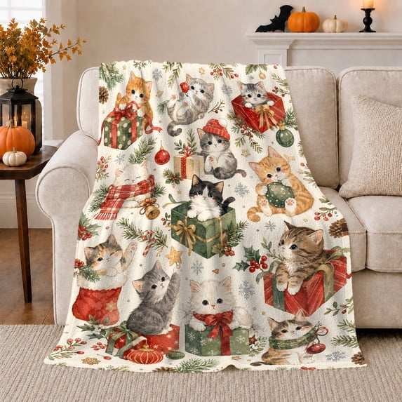 Watercolor Kittens With Presents Ornaments And Holiday Greenery Whimsical Christmas Art Flannel Blanket For Cat Fans, Soft Cozy Home Decor For Bedroom Living Room Christmas Gift