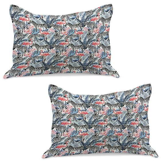 Watercolor Knitted Quilt Pillowcover Set of 2, Exotic Flamingo Zebras and Flowers Tropic Animals Abstract Illustration, Standard Queen Pillow Sham Bedroom, 30" x 20", Blue Black Coral, by Ambesonne