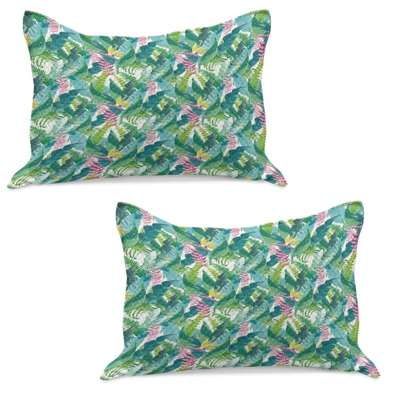 Watercolor Knitted Quilt Pillowcover Set of 2, Exotic Jungles of Hawaii Inspired Fresh Green Leaves Tropical Plants Art, Standard Queen Pillow Sham Bedroom, 30" x 20", Green Pink White, by Ambesonne