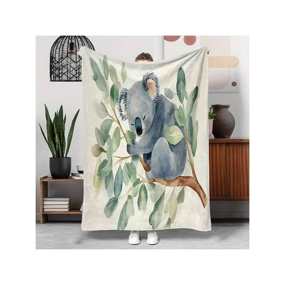 Watercolor Koala & Eucalyptus Flannel Throw Blanket - Lightweight Soft Green Nature Design for Sofa, Bed, Office, Camping, Travel & All-Season Comfort