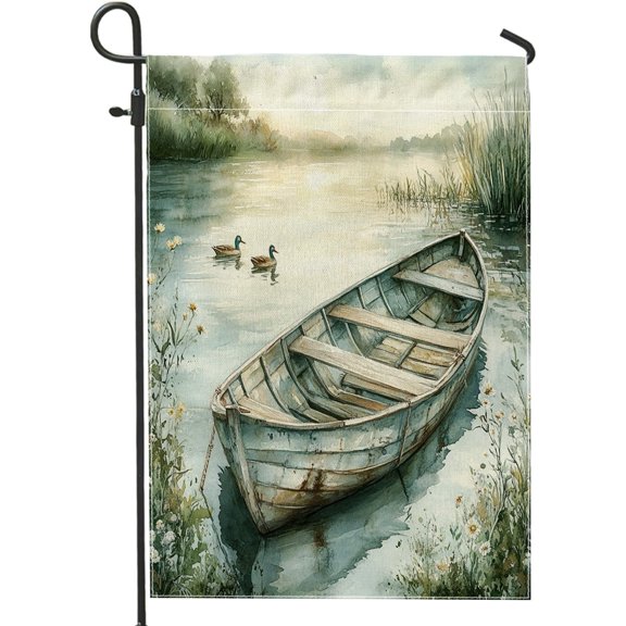 Watercolor Lake Boat Garden Flags 12x18 Inch Double Sided for Outside, Fun River Flower Ship Standard Vertical Canvas House Flags, Nature Scenic Front Yard Backyard Lawn Flags
