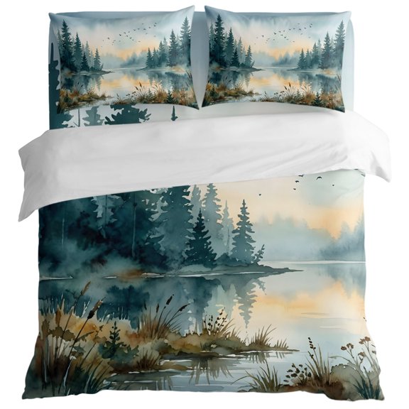 Watercolor Lake Forest Natural Scene King Size Bed Set,Ink Painting Art Bedding for All Seasons,4 Pcs Bed Set with 1 Quiltcover (104"x90"),1 Sheet (108"x98"),2 Pillowcases (20"x36")