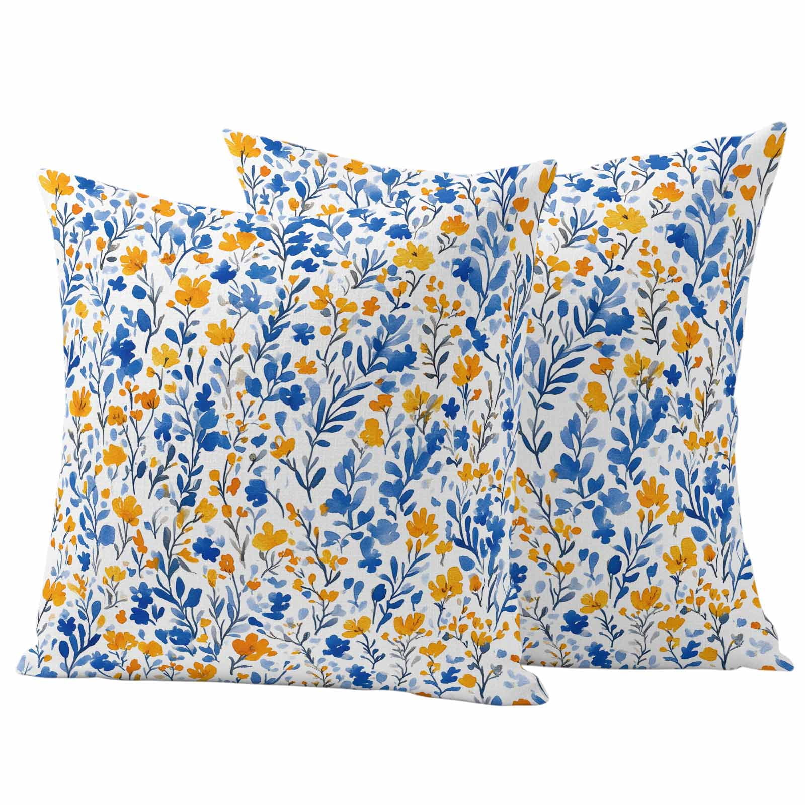 Watercolor Lake Pillow Covers 2 Pack Blue and Yellow Floral Leaves Spring Plant Pillowcase Waterproof Outdoor Throw Pillow Cover for Patio Garden Square Cushion 16”x16”