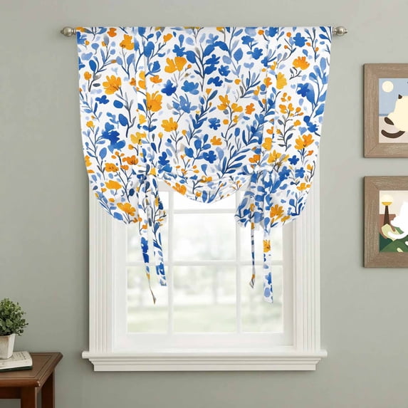 Watercolor Lake Tie Up Curtain 45 Inches Long, Blue and Yellow Floral Leaves Spring Plant Balloon Style Kitchen Window Curtain Over Sink, Small Window Rod Pocket Curtain 52"x45"
