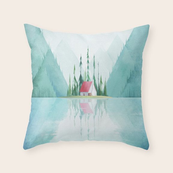 Watercolor Lakeside Cabin, Pine Forest and Teal Mountains, Velvet Throw Pillow Cover Only, No Insert