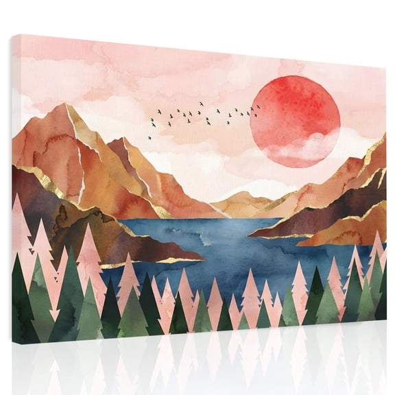 Watercolor Landscape Canvas Print Wall Art, Pine Forest Red Sun Mountain Lake Wall Decor Modern Artwork Paintings Pictures for Living Room Framed and Stretched Ready to Hang 24" x 32"
