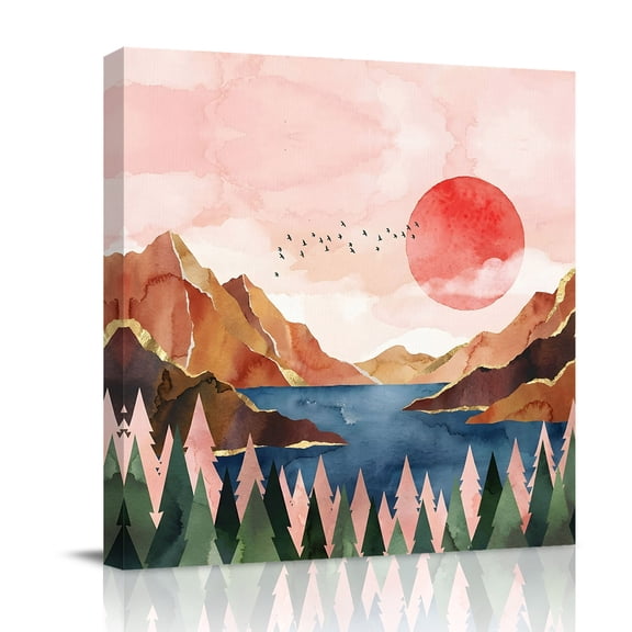Watercolor Landscape Canvas Wall Art for Living Room, Pine Forest Red Sun Mountain Lake Poster Print Painting for Bedroom Office Home Decoration Wall Pictures Prepare To Hang 8"x8"