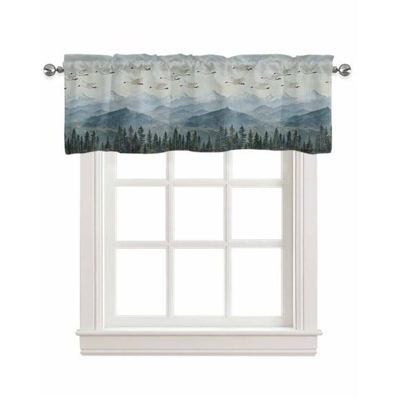 Watercolor Landscape Kitchen Valances for Windows Farmhouse Linen Window Valance Curtain for Living Room Window Treatment Retro Geese Forest Mountain Valance Rod Pocket Topper Drape, 42 x 18 Inch
