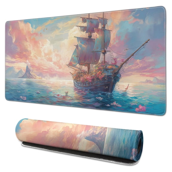 Watercolor Landscape Sea Sailboat Mouse Mat, Rectangle Large Non-Slip Rubber Gaming Mouse Pad with Stitched Edges, Office Mouse Pad for Women Men Kids, 31.5x15.7in