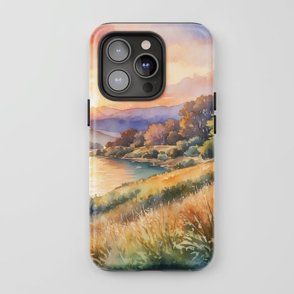Watercolor Landscape for All iPhone Series Tough Phone Case Nature Painting Sunset