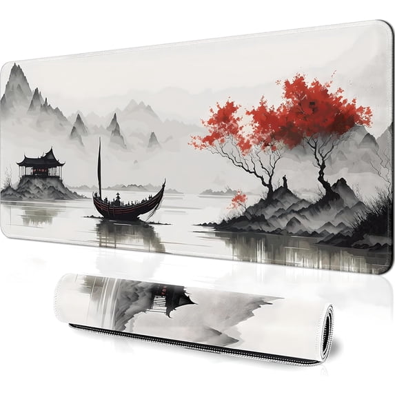 Watercolor Large Mouse Pad,Japanese 31.5 x 11.8 in Desk Mat Gaming Mouse Pad, Extended Large Mouse Pad,Computer Mat with Non-Slip Base and Stitched Edge for Desk Office Home