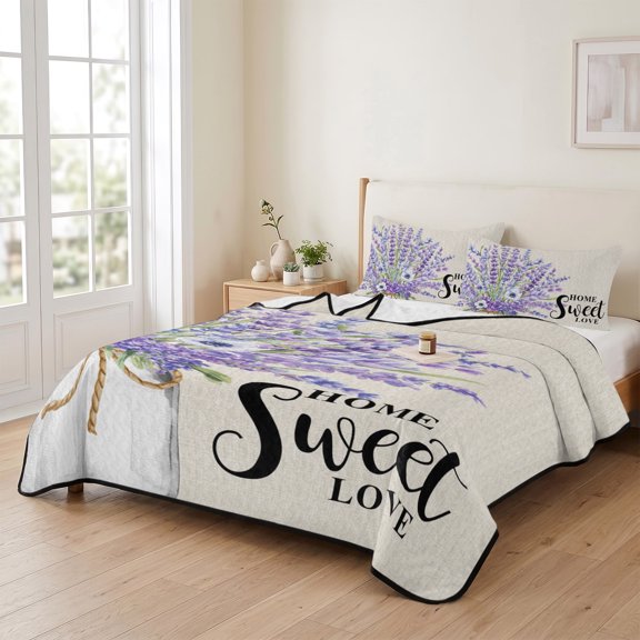 Watercolor Lavender Flower 3 Pieces Quilt Set,1 Quilt with 2 Shams,Sweet Home on Linen Bedspread Soft Lightweight Bedding Coverlet Comforter Set for All Season 90"x96"