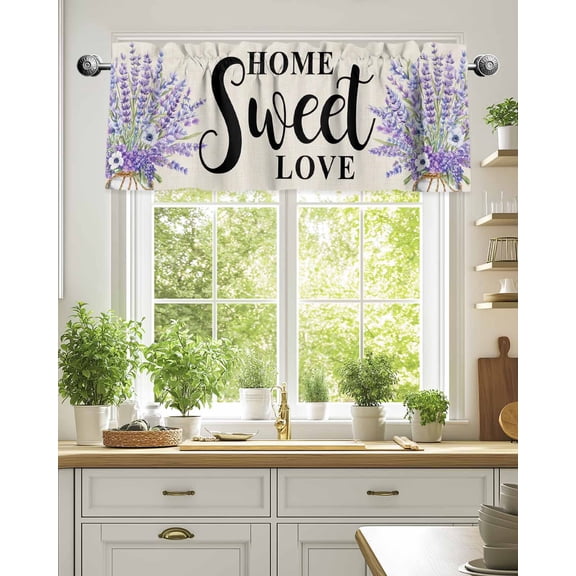 Watercolor Lavender Flower Valances for Windows,Kitchen Valance Rod Pocket Short Curtain,Sweet Home on Linen Valance Curtain Window Valances for Bedroom Living Room 54x18in