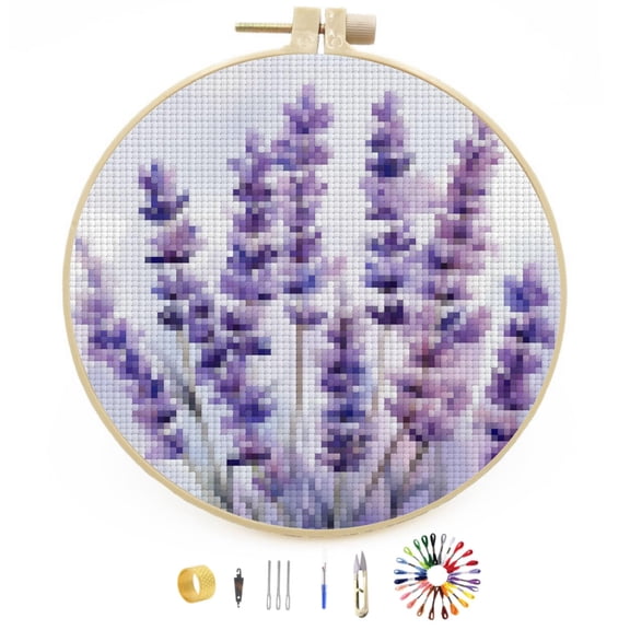 Watercolor Lavender Flowers Stamped Cross Stitch Kits for Beginners with Hoop Simple Patterns 11CT Counted Embroidery Needlepoint Crafts Arts for DIY Enthusiasts and Home Decor 26x26cm