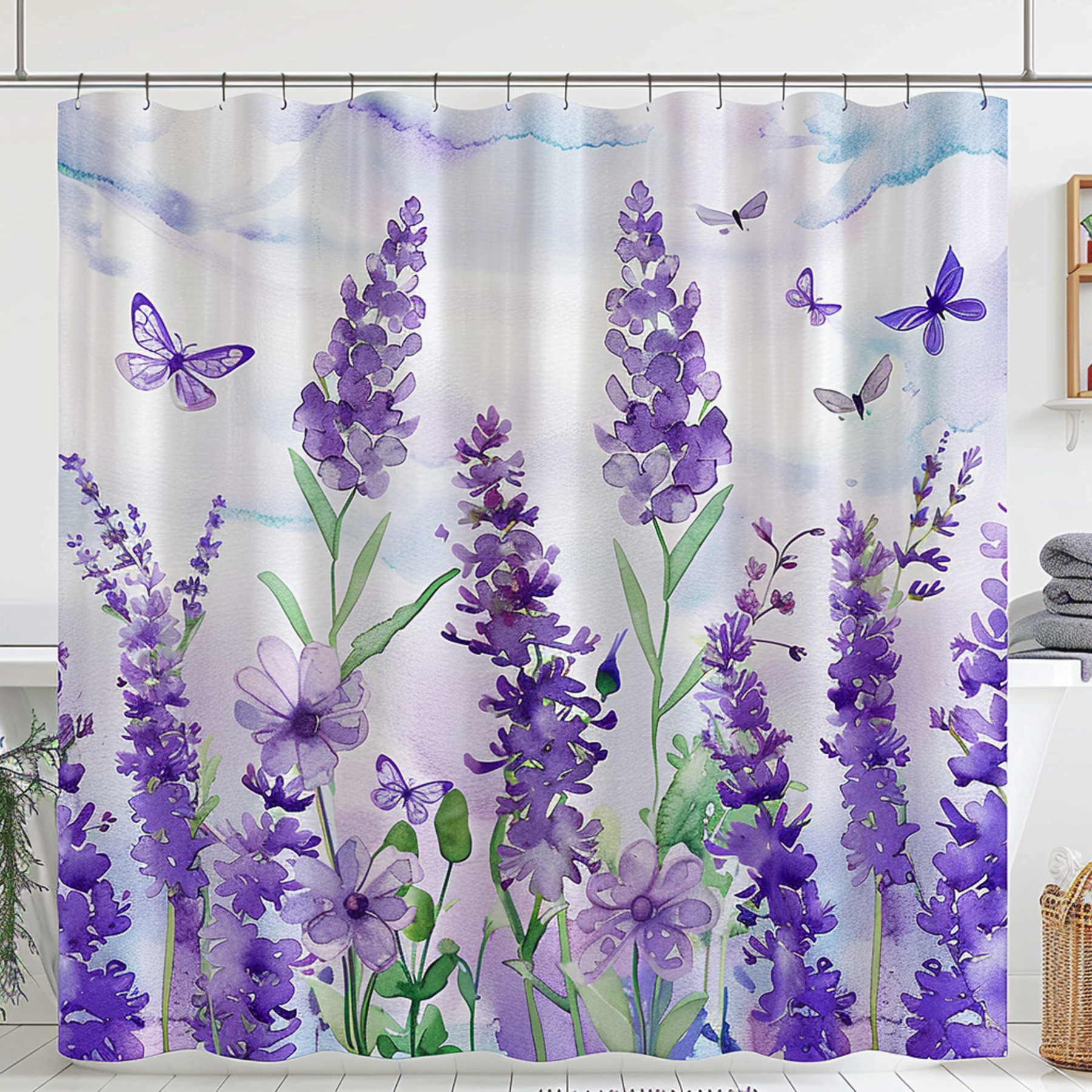 Watercolor Lavender Flowers and Dragonflies Purple Theme Bathroom Shower Curtain