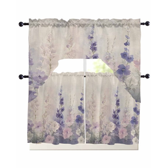 Watercolor Lavender Kitchen Curtains Sets 36 Inch Length with Valance, Country Spring Field Leaf Wildflower Swag Valances and Tiers Curtain Set Drapes Swag Curtains for Living Room, Bathroom, Bedroom