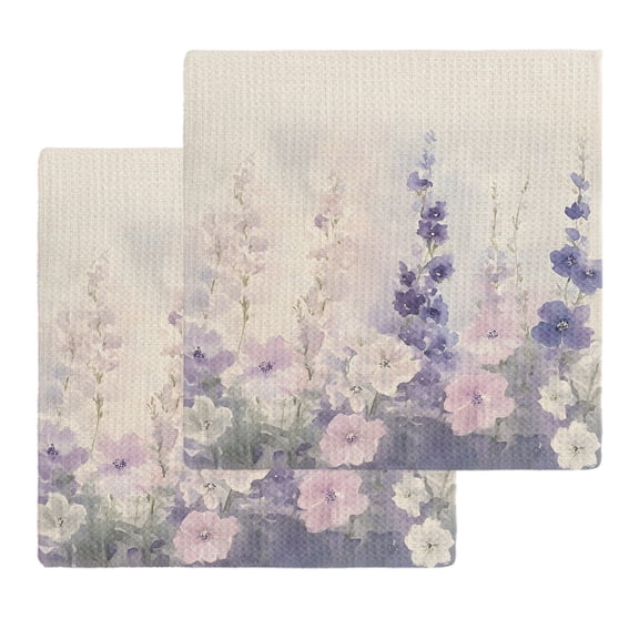 Watercolor Lavender Kitchen Dish Towels for Drying Dishes Set of 2, Country Spring Field Leaf Wildflower Waffle Weave Microfiber Hand Tea Bathroom Towels Quick Dry & Absorbent Towel 12x12