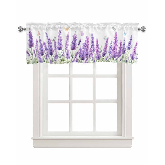Watercolor Lavender Linen Curtain Valance for Bedroom/Bathroom/Kitchen/Office/Living/Dining Room Window,Purple Floral Spring Summer White Rod Pocket Topper Decorative Cafe Drapes Panel 60"x18"