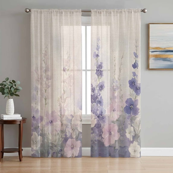 Watercolor Lavender Sheer Curtains 63 Inch Length 2 Panels Set, Country Spring Field Leaf Wildflower Voile Window Treatment Rod Pocket Curtains Sheers Drapes for Bedroom/Living Room/Kitchen 52x"63"x2