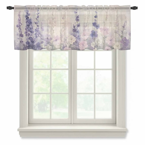 Watercolor Lavender Sheer Curtains Valances for Windows Country Spring Field Leaf Wildflower Chiffon Kitchen Valances for Cafe, Voile Window Treatments Curtains for Living Room Bedroom, 42"x12"