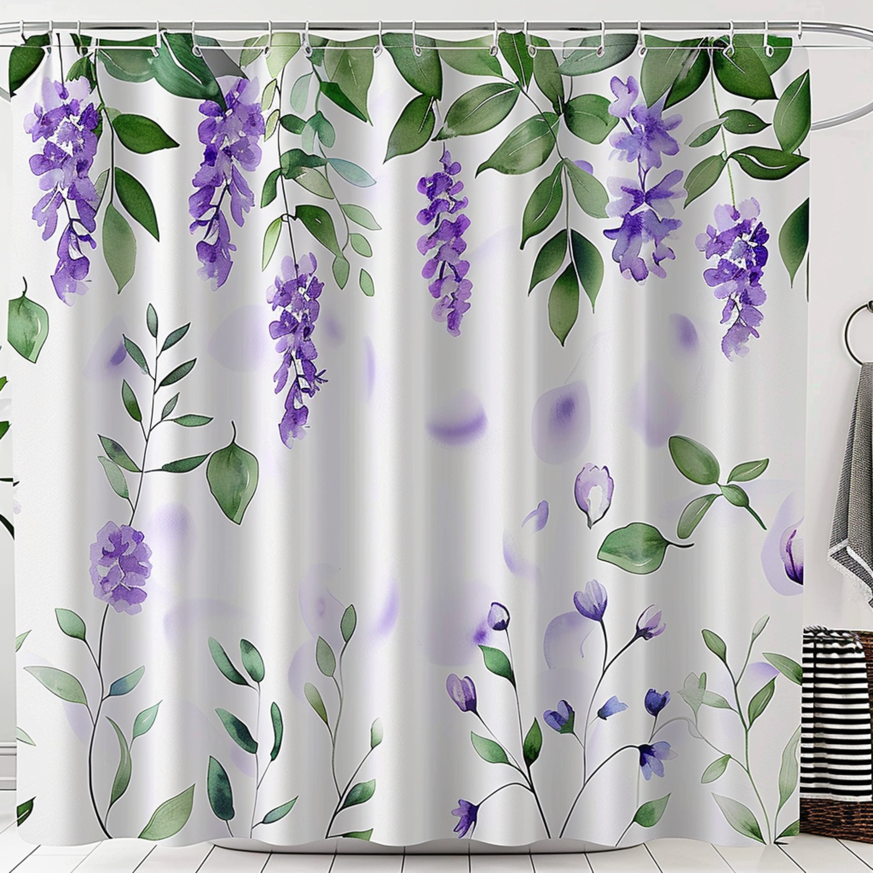 Watercolor Lavender and Green Leaves Shower Curtain White Background
