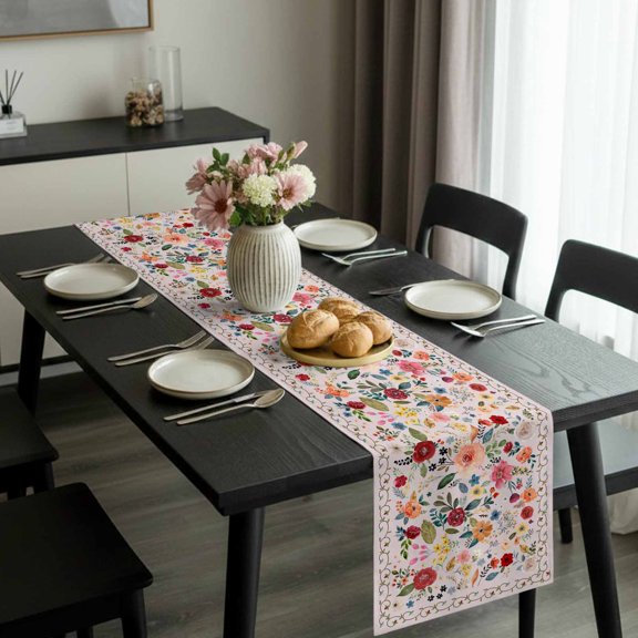 Watercolor Leaf Colorful Bloom Floral Table Runner 36 Inches Long,Kitchen Dining Tablerunners Vintage Country on Pink Linen Table Runners Dresser Scarves for Home Dinner Wedding Holiday Party Decor