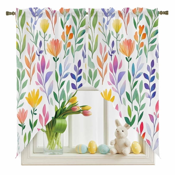 Watercolor Leaf Floral Swag Kitchen Curtain Valances, Colorful Leaves Rod Pocket Curtains Window Treatment Decor Valances for Bedroom Bathroom, 2 Panels 36 x 36 Inch
