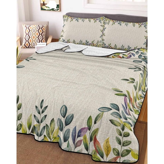 Watercolor Leaf Full Size Down Alternative Comforter, Lightweight Comforter Quilt Bedding Set with Pillow Shams Vintage Pastoral Summer Botanical Rustic All Seasons Bed Comforter Duvet Insert 78"x90"